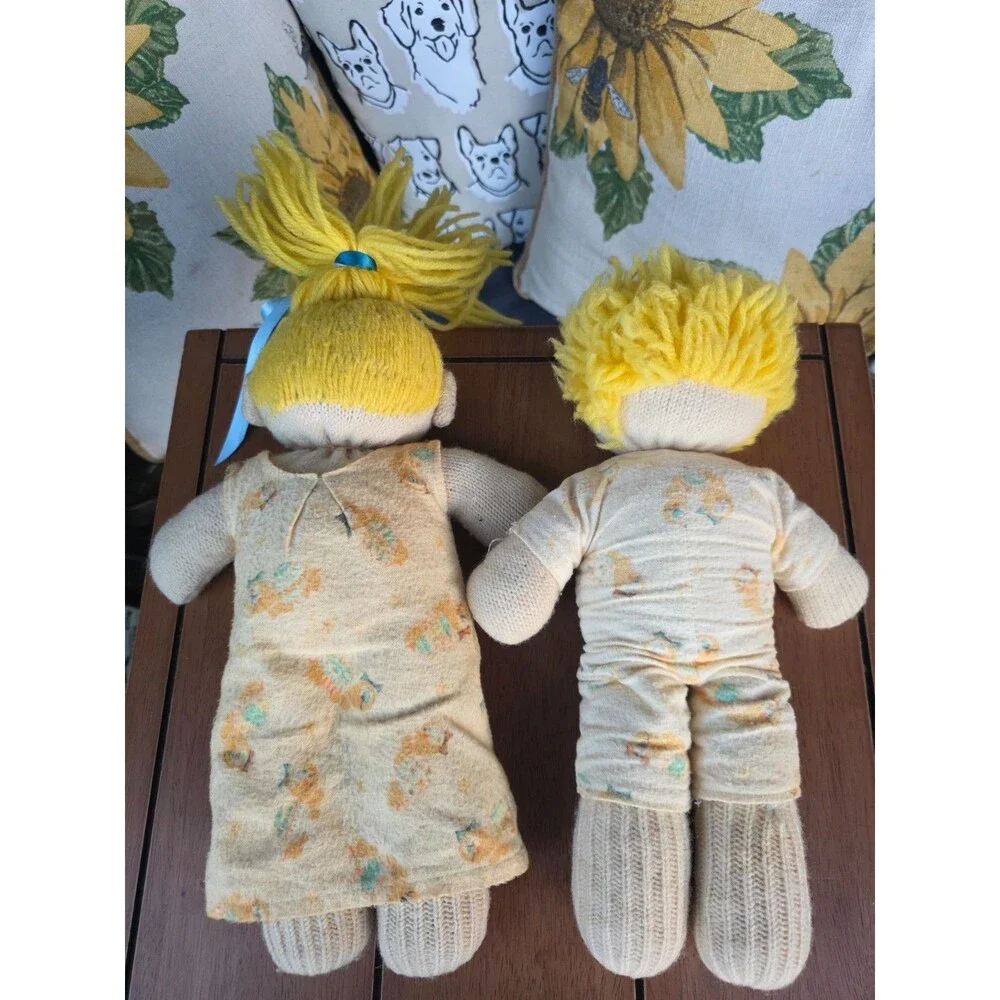 Vintage Knit Cloth Dolls Boy & Girl Pair Yellow Hair Yellow Animal Print Outfit